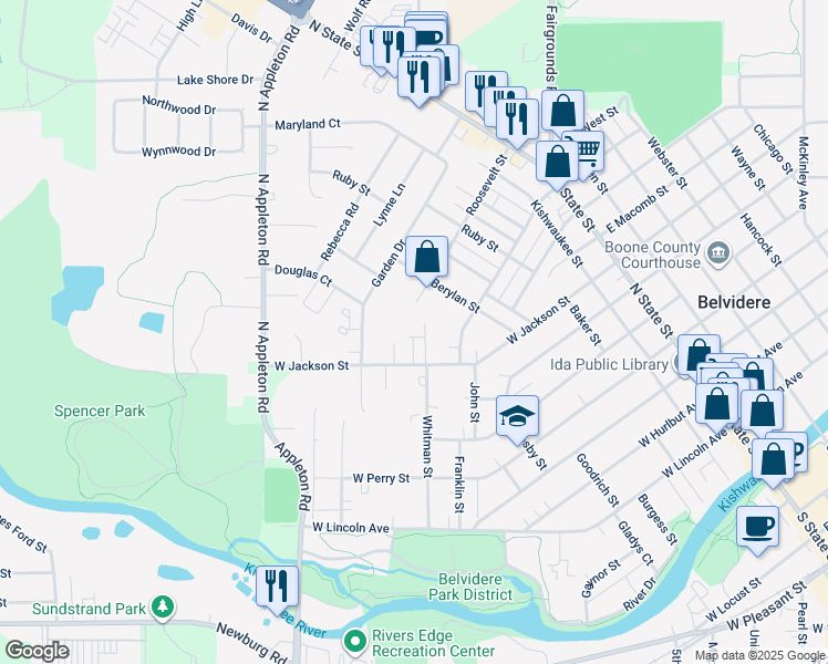 map of restaurants, bars, coffee shops, grocery stores, and more near 815 Becky Court in Belvidere