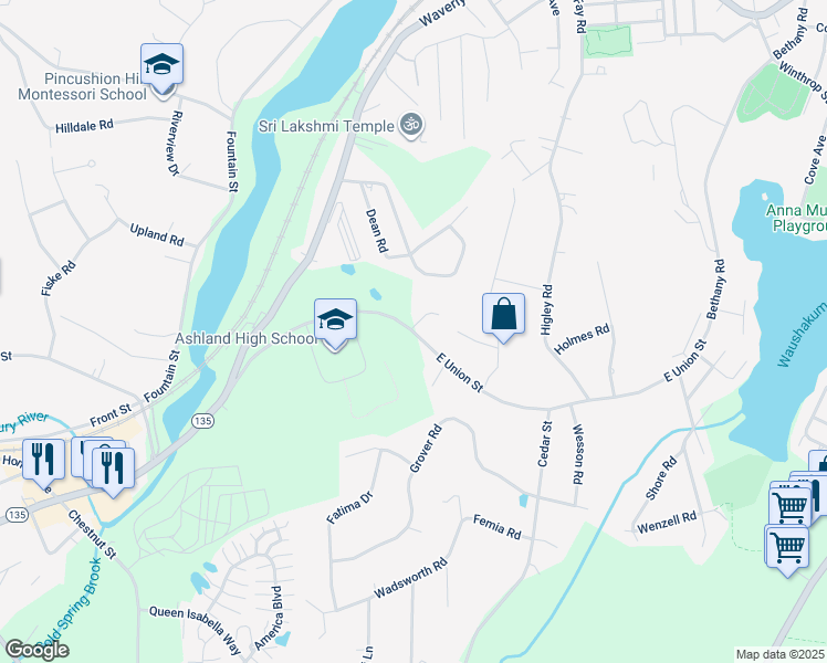 map of restaurants, bars, coffee shops, grocery stores, and more near 54 East Union Street in Ashland