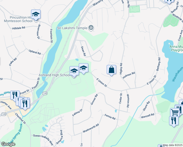 map of restaurants, bars, coffee shops, grocery stores, and more near 54 East Union Street in Ashland