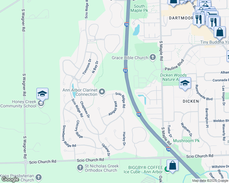 map of restaurants, bars, coffee shops, grocery stores, and more near 1562 Abigail Way in Ann Arbor