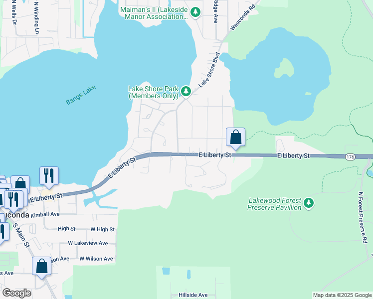 map of restaurants, bars, coffee shops, grocery stores, and more near 905 East Liberty Street in Wauconda
