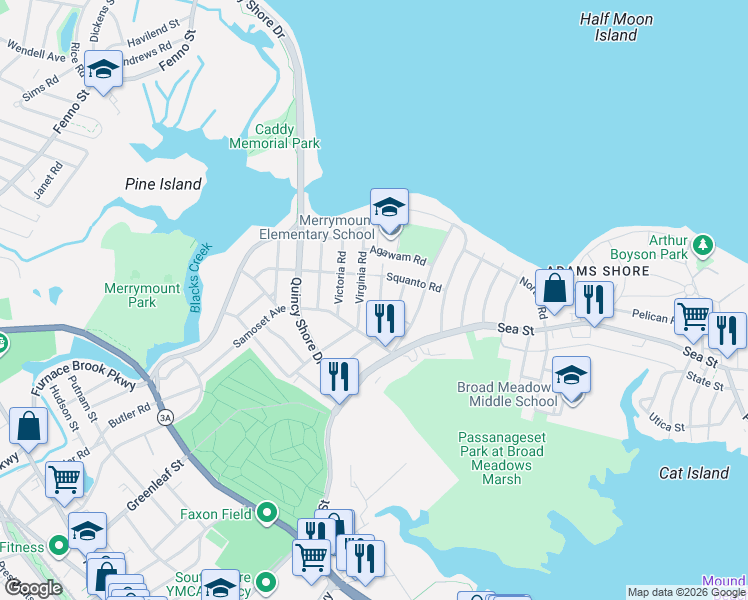 map of restaurants, bars, coffee shops, grocery stores, and more near 70 Pontiac Road in Quincy