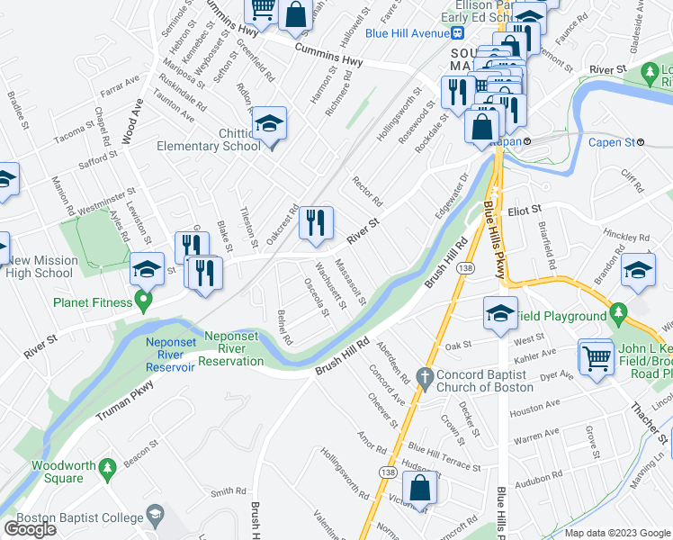 map of restaurants, bars, coffee shops, grocery stores, and more near 48 Wachusett Street in Boston