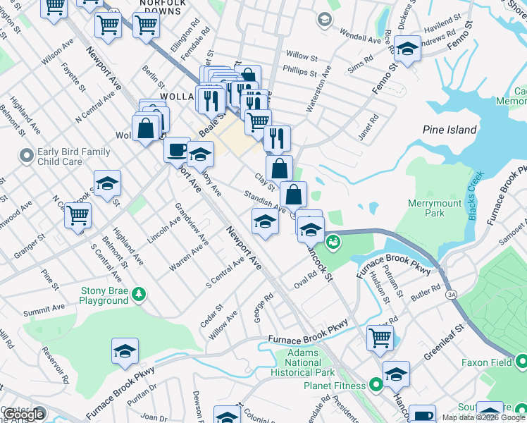 map of restaurants, bars, coffee shops, grocery stores, and more near 29 Newton Avenue in Quincy