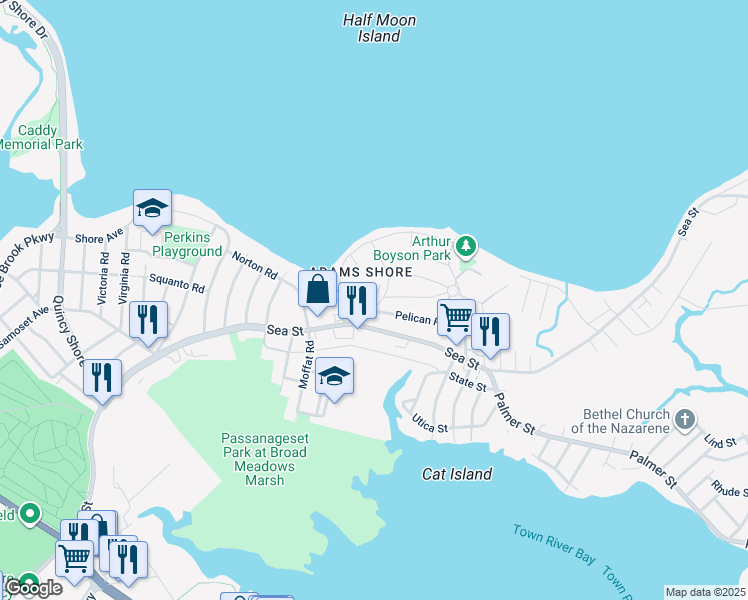 map of restaurants, bars, coffee shops, grocery stores, and more near 17 Pelican Road in Quincy