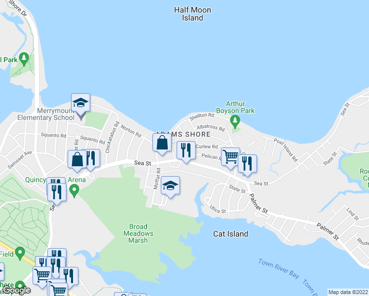 map of restaurants, bars, coffee shops, grocery stores, and more near 4 Curlew Road in Quincy