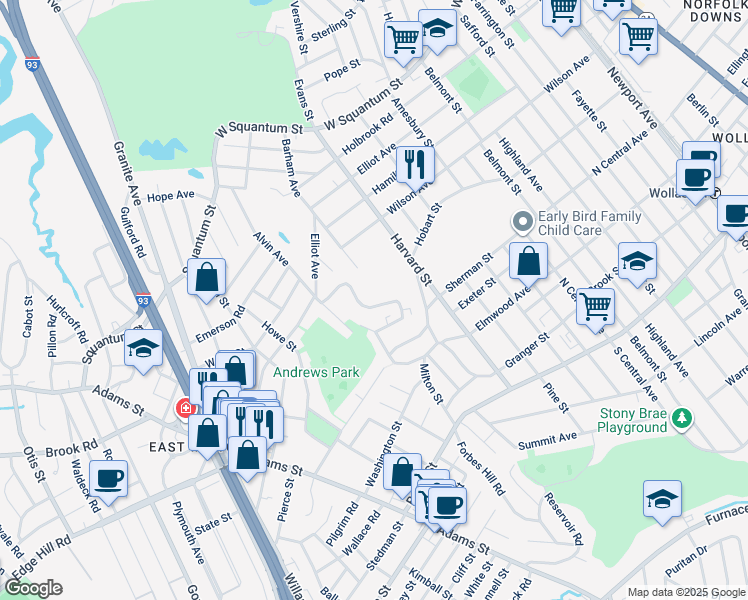 map of restaurants, bars, coffee shops, grocery stores, and more near 375 Elmwood Avenue in Quincy