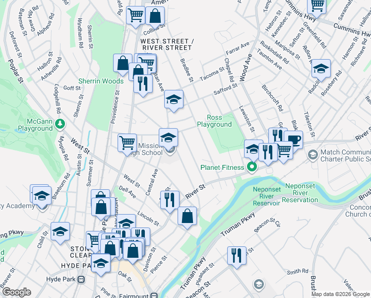 map of restaurants, bars, coffee shops, grocery stores, and more near 690 Metropolitan Avenue in Boston