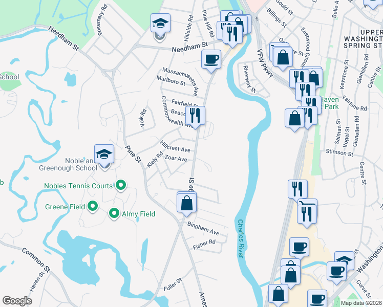 map of restaurants, bars, coffee shops, grocery stores, and more near 263 Bridge Street in Dedham