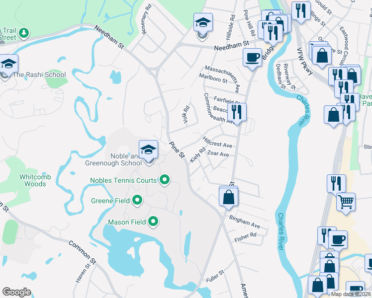 map of restaurants, bars, coffee shops, grocery stores, and more near 2 Saltonstall Drive in Dedham