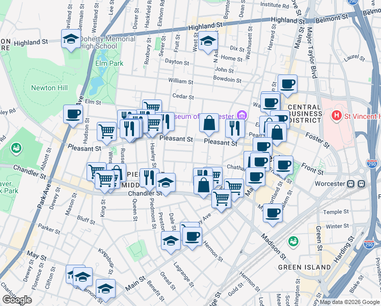 map of restaurants, bars, coffee shops, grocery stores, and more near 77 Chatham Street in Worcester