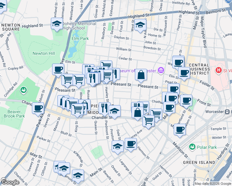 map of restaurants, bars, coffee shops, grocery stores, and more near 99 Chatham Street in Worcester