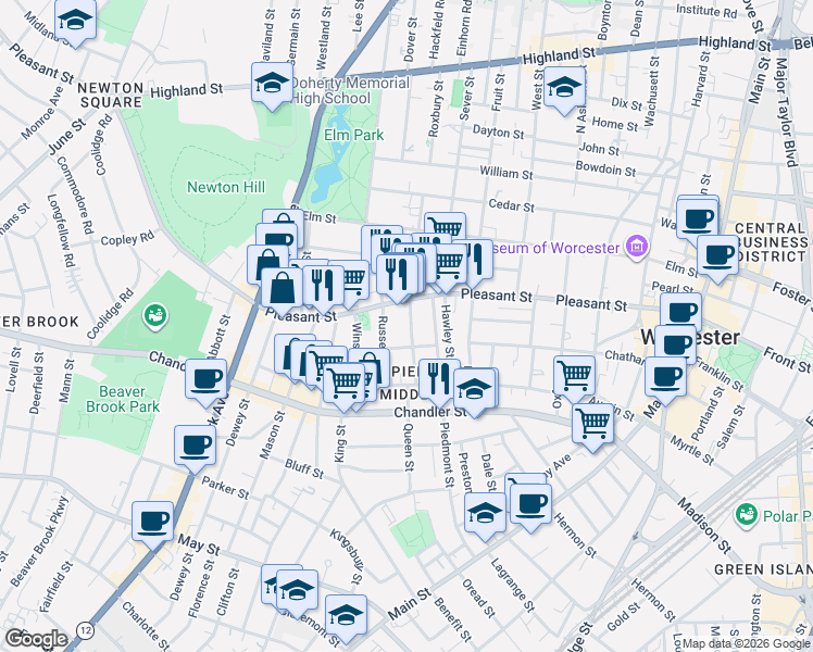 map of restaurants, bars, coffee shops, grocery stores, and more near in Worcester
