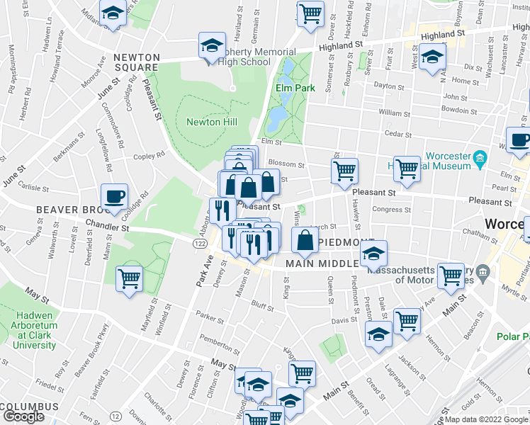 map of restaurants, bars, coffee shops, grocery stores, and more near 24 Bellevue Street in Worcester