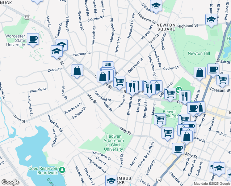 map of restaurants, bars, coffee shops, grocery stores, and more near 37 Courtland Street in Worcester