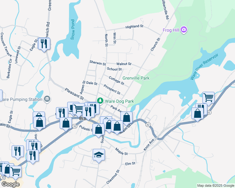 map of restaurants, bars, coffee shops, grocery stores, and more near 7 High Street in Ware