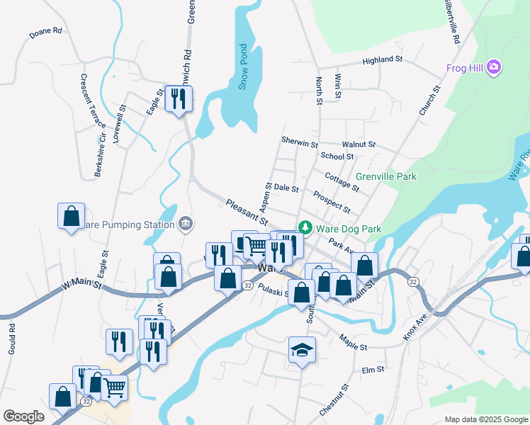 map of restaurants, bars, coffee shops, grocery stores, and more near 87 Pleasant Street in Ware