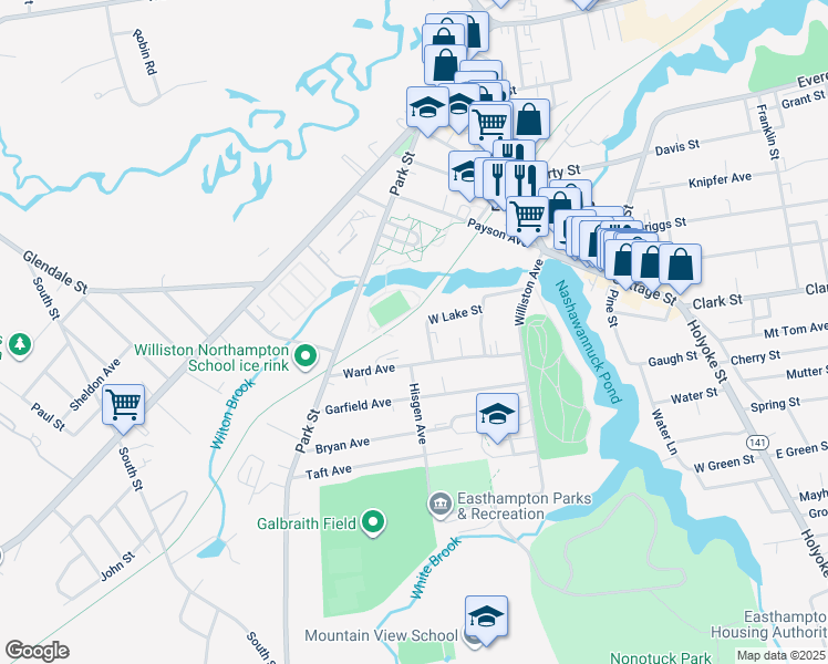map of restaurants, bars, coffee shops, grocery stores, and more near in Easthampton