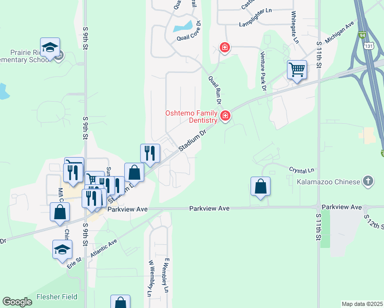 map of restaurants, bars, coffee shops, grocery stores, and more near 2935 Danford Creek Drive in Kalamazoo