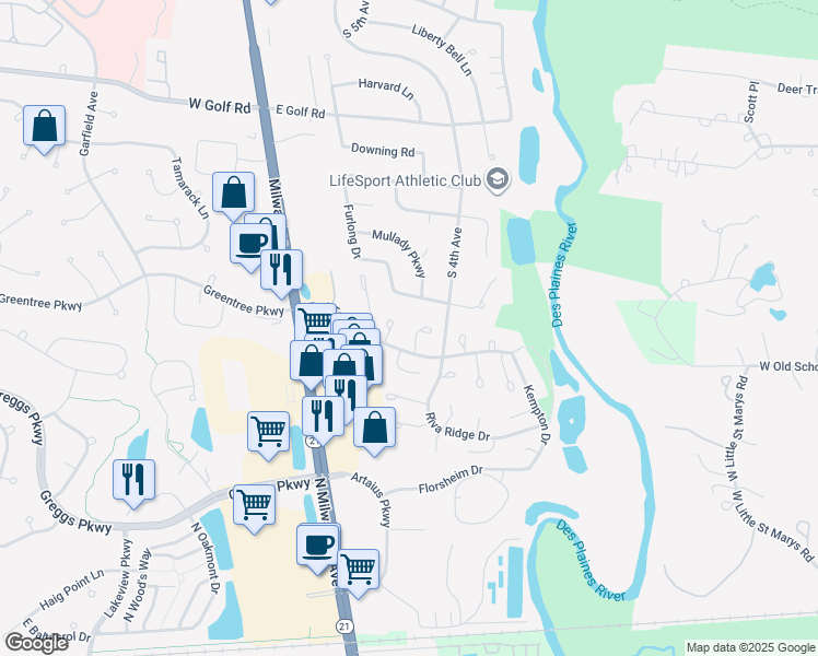 map of restaurants, bars, coffee shops, grocery stores, and more near 1225 Gulfstream Parkway in Libertyville