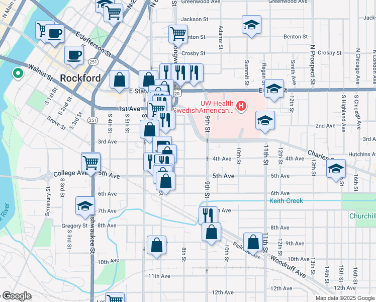 map of restaurants, bars, coffee shops, grocery stores, and more near 420 8th Street in Rockford