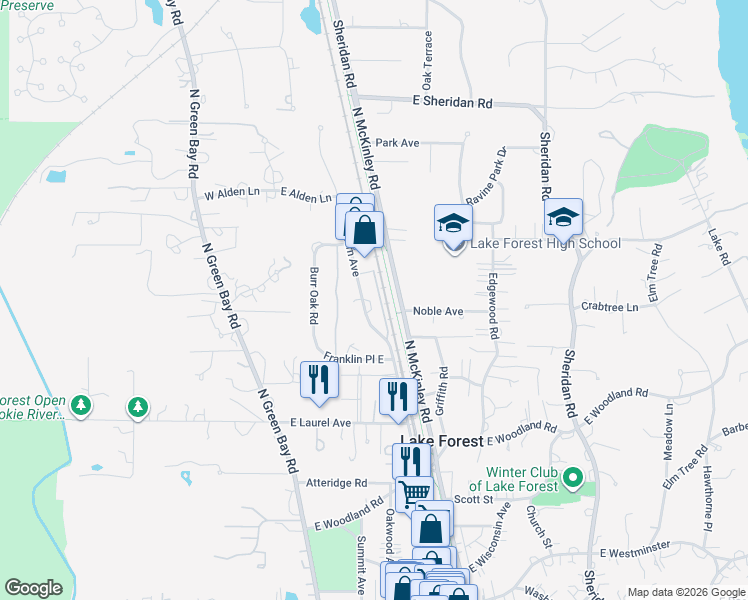 map of restaurants, bars, coffee shops, grocery stores, and more near 1301 North Western Avenue in Lake Forest