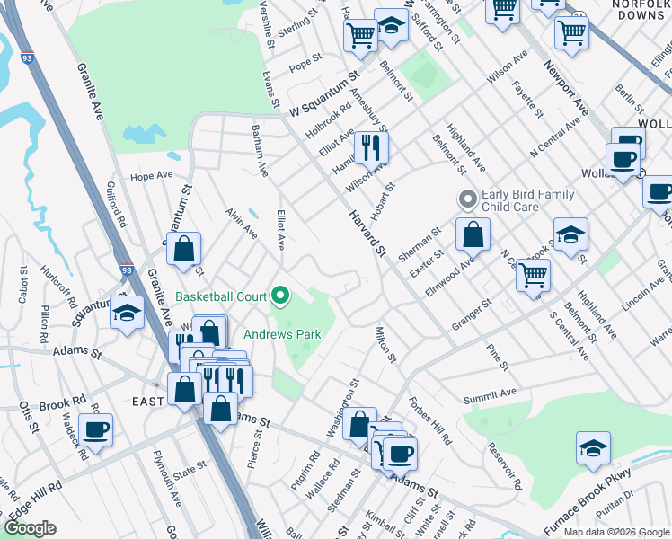 map of restaurants, bars, coffee shops, grocery stores, and more near 65 Elmwood Park in Quincy