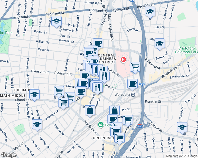 map of restaurants, bars, coffee shops, grocery stores, and more near 455 Main Street in Worcester