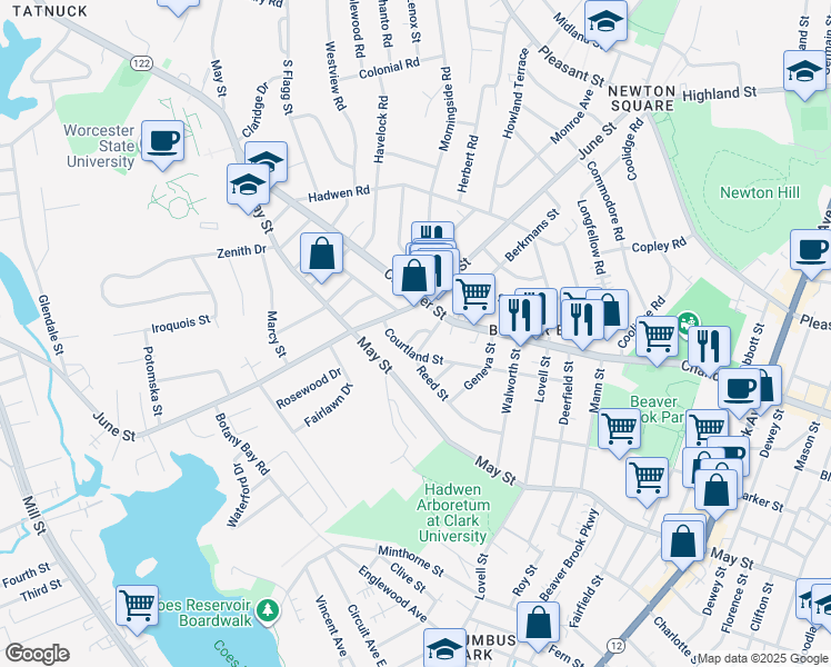 map of restaurants, bars, coffee shops, grocery stores, and more near September Street in Worcester