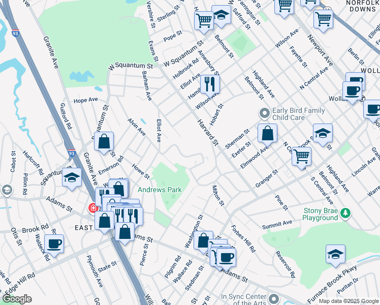 map of restaurants, bars, coffee shops, grocery stores, and more near 375 Elmwood Avenue in Quincy