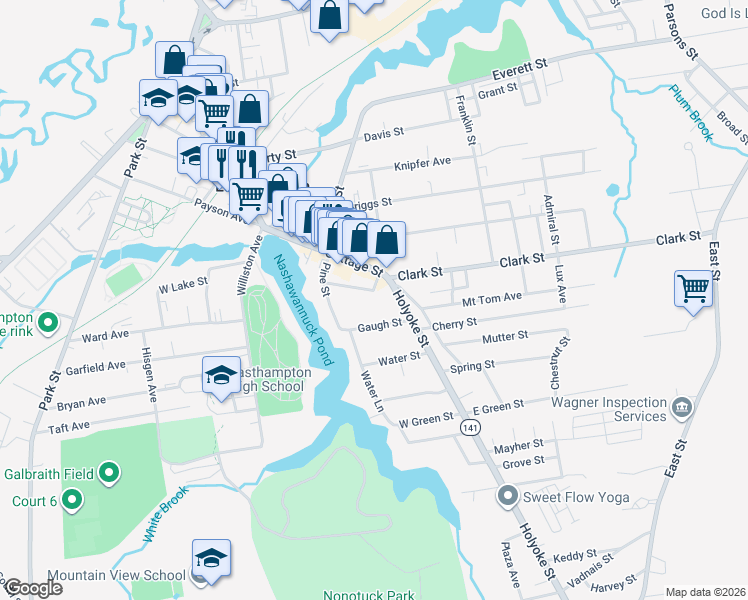 map of restaurants, bars, coffee shops, grocery stores, and more near 11 Gaugh Street in Easthampton