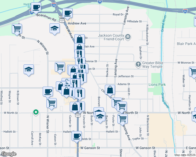 map of restaurants, bars, coffee shops, grocery stores, and more near 616 Adams Street in Jackson