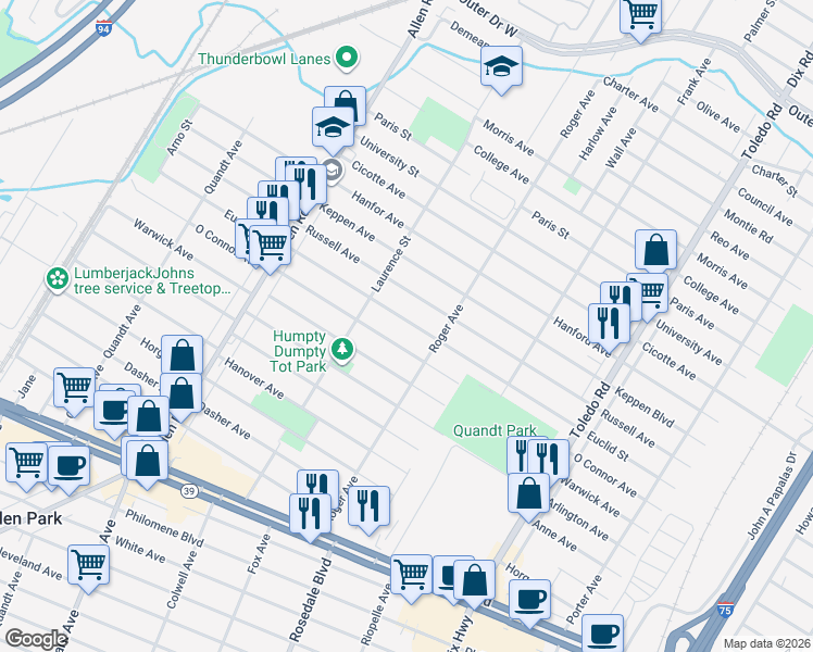 map of restaurants, bars, coffee shops, grocery stores, and more near 14867 Euclid Avenue in Allen Park