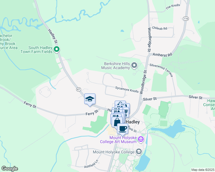 map of restaurants, bars, coffee shops, grocery stores, and more near South Sycamore Knolls in South Hadley