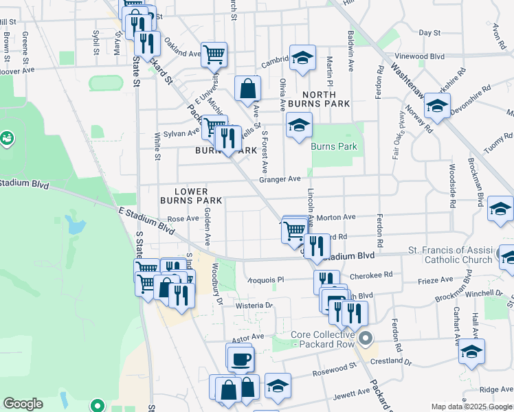map of restaurants, bars, coffee shops, grocery stores, and more near 1512 Montclair Place in Ann Arbor
