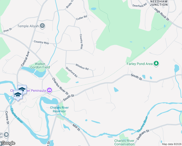 map of restaurants, bars, coffee shops, grocery stores, and more near 157 Stratford Road in Needham