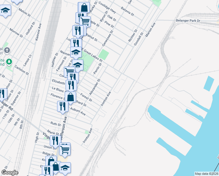 map of restaurants, bars, coffee shops, grocery stores, and more near 104 Abbott Street in River Rouge