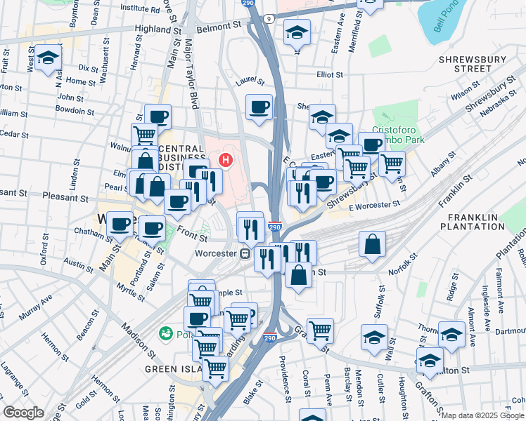 map of restaurants, bars, coffee shops, grocery stores, and more near 222 Summer Street in Worcester