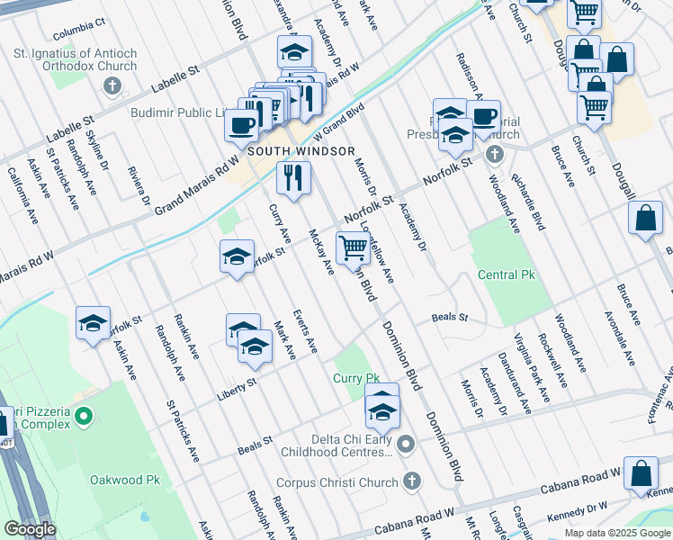 map of restaurants, bars, coffee shops, grocery stores, and more near 3266 McKay Avenue in Windsor