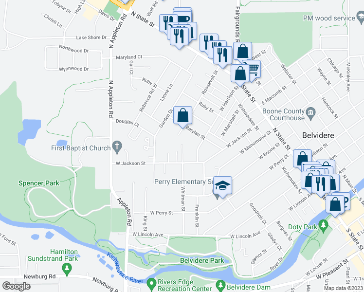 map of restaurants, bars, coffee shops, grocery stores, and more near 800 Lindenwood Lane in Belvidere