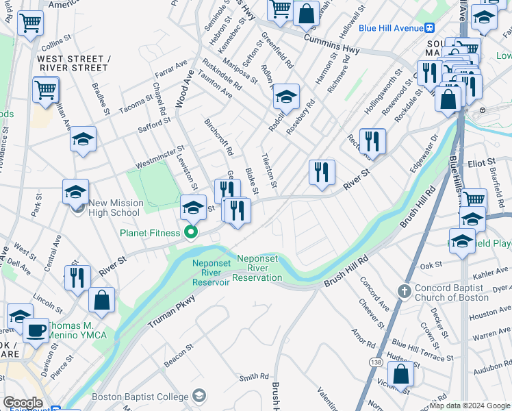 map of restaurants, bars, coffee shops, grocery stores, and more near 15 Agnes Avenue in Boston