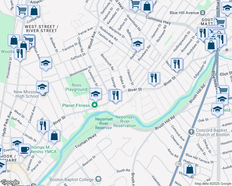 map of restaurants, bars, coffee shops, grocery stores, and more near 860 River Street in Boston