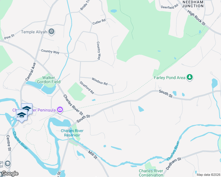 map of restaurants, bars, coffee shops, grocery stores, and more near 157 Stratford Road in Needham