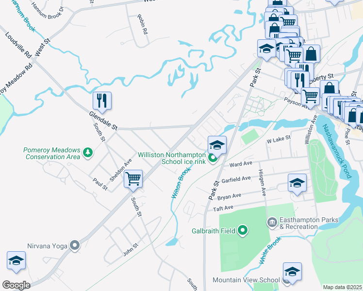 map of restaurants, bars, coffee shops, grocery stores, and more near 11 Norton Street in Easthampton