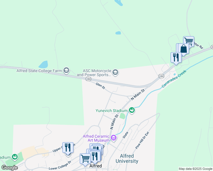 map of restaurants, bars, coffee shops, grocery stores, and more near 49 Hillcrest Drive in Alfred
