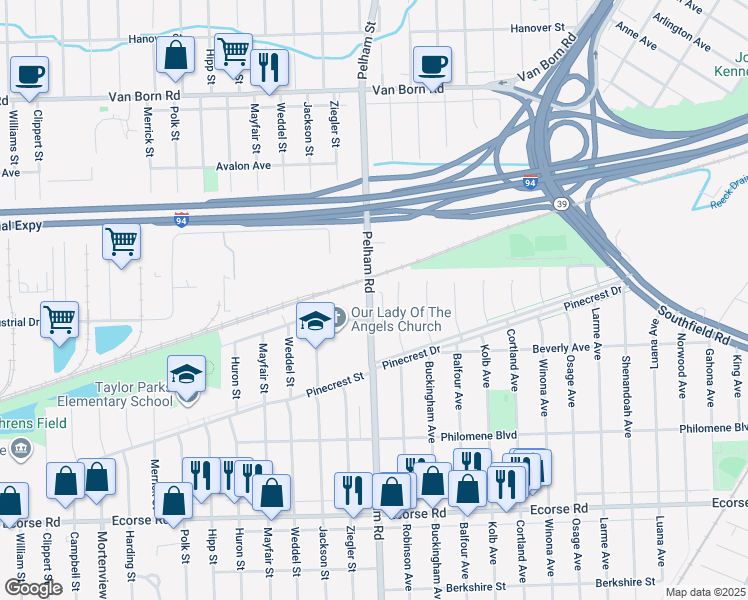 map of restaurants, bars, coffee shops, grocery stores, and more near 6390 Pelham Road in Taylor