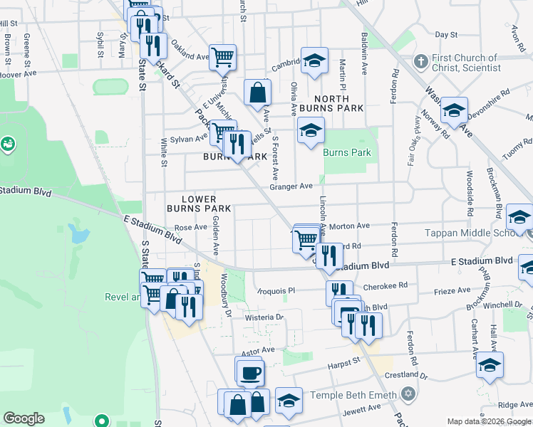 map of restaurants, bars, coffee shops, grocery stores, and more near 1512 Montclair Place in Ann Arbor