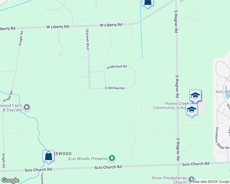 map of restaurants, bars, coffee shops, grocery stores, and more near 3977 South Michael Road in Ann Arbor