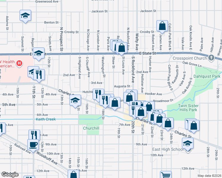 map of restaurants, bars, coffee shops, grocery stores, and more near 515 Shaw Street in Rockford