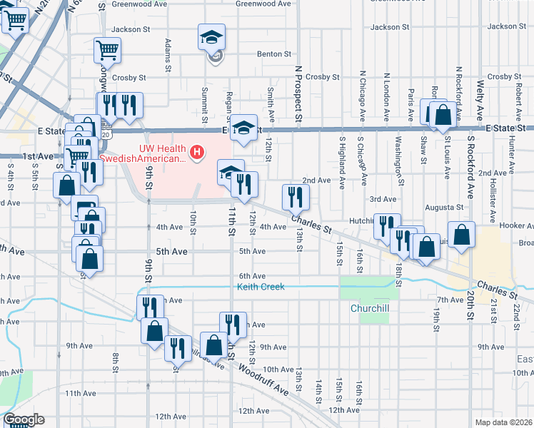 map of restaurants, bars, coffee shops, grocery stores, and more near 1611 4th Avenue in Rockford